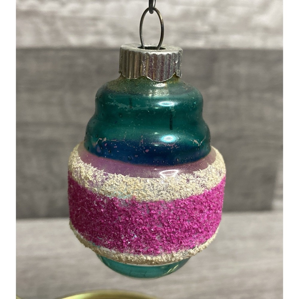Shiny Brite Vintage Christmas Ornament Barrel Lantern Pink White
